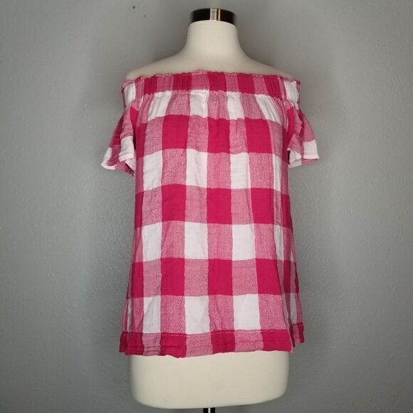 Anthro Cloth & Stone Plaid Off The Shoulder Top Sm - Picture 3 of 7